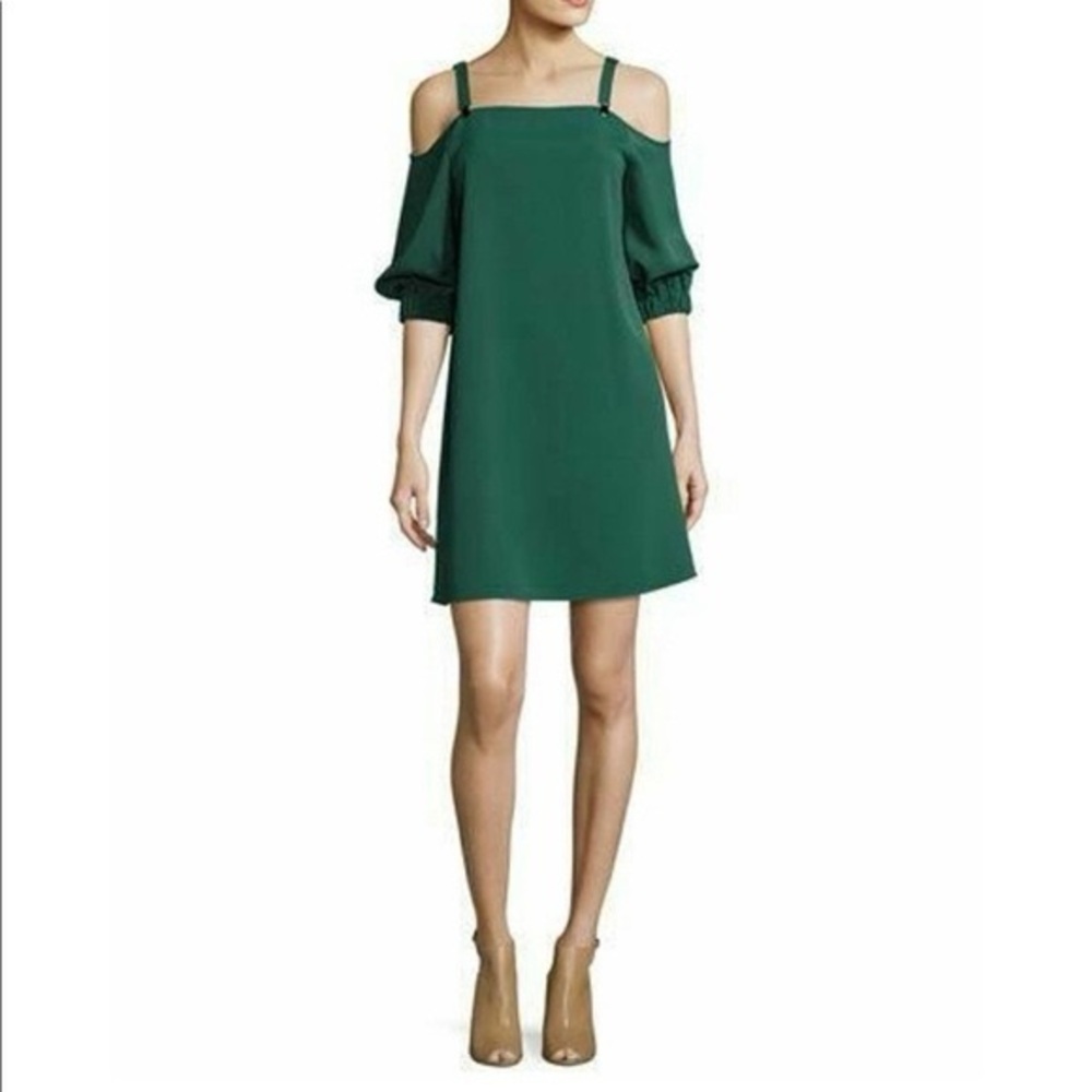 TIBI Juniper Green Suspender Strap Cold Shoulder 3/4 Sleeve Shift Dress 8 US NEW